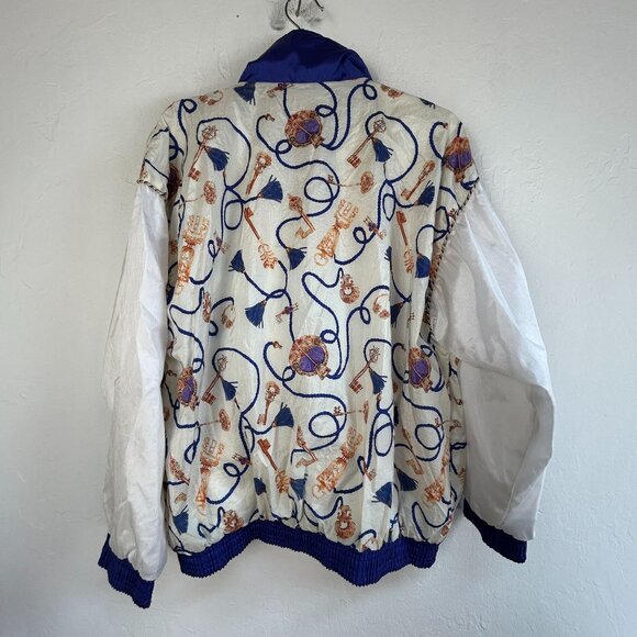 Vintage 90s Casual Isle Bomber Jacket Womens Medium Gold Chain Print Blue White - Picture 2 of 7